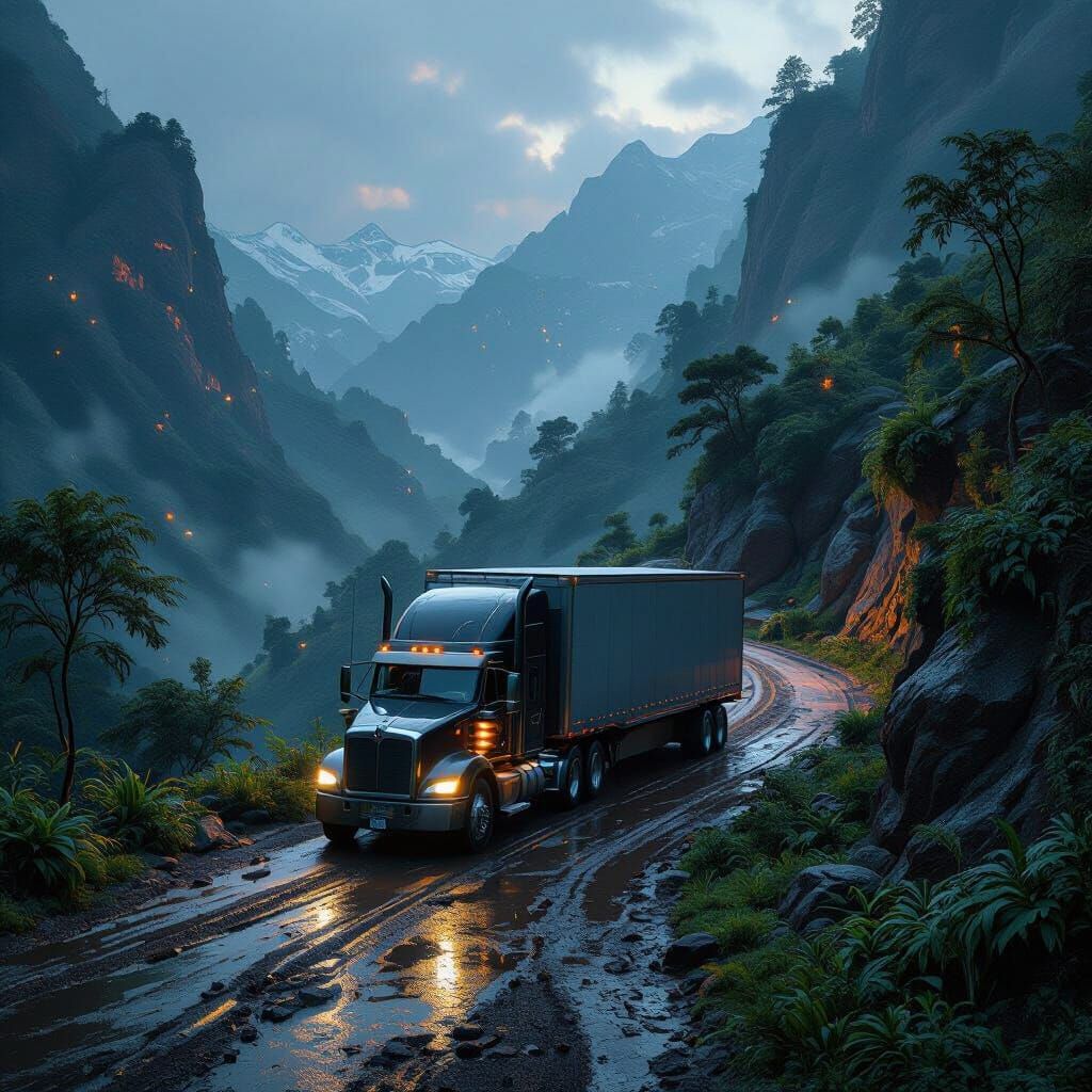 Semi Truck on Mountain Road in Sci-Fi Landscape