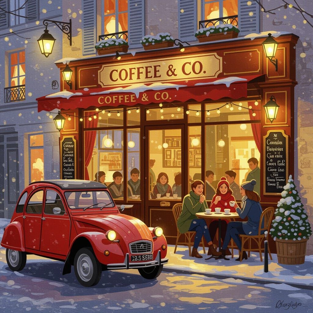 Charming Snowy Cafe Scene with Vintage Car