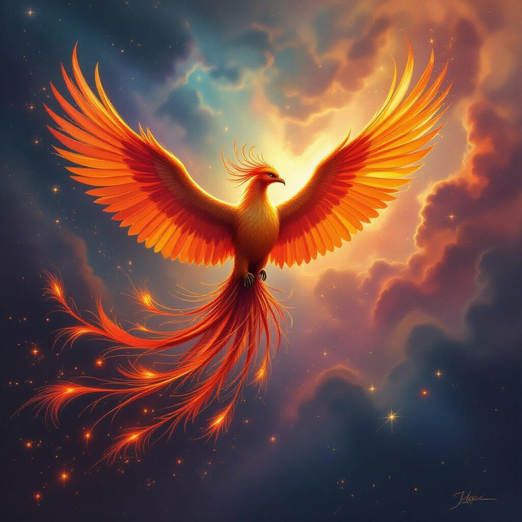 Majestic Phoenix Soars Through Cosmic Nebula in Oil Painting...