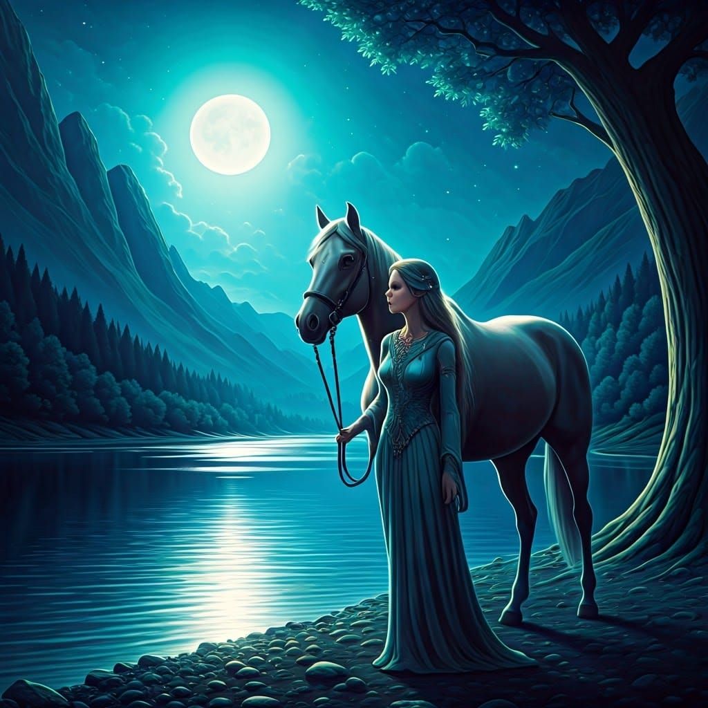 Ethereal Woman Guiding Horse in Moonlit Valley