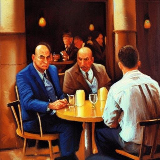 Mobsters Meeting in Italian Cafe as Oil Painting