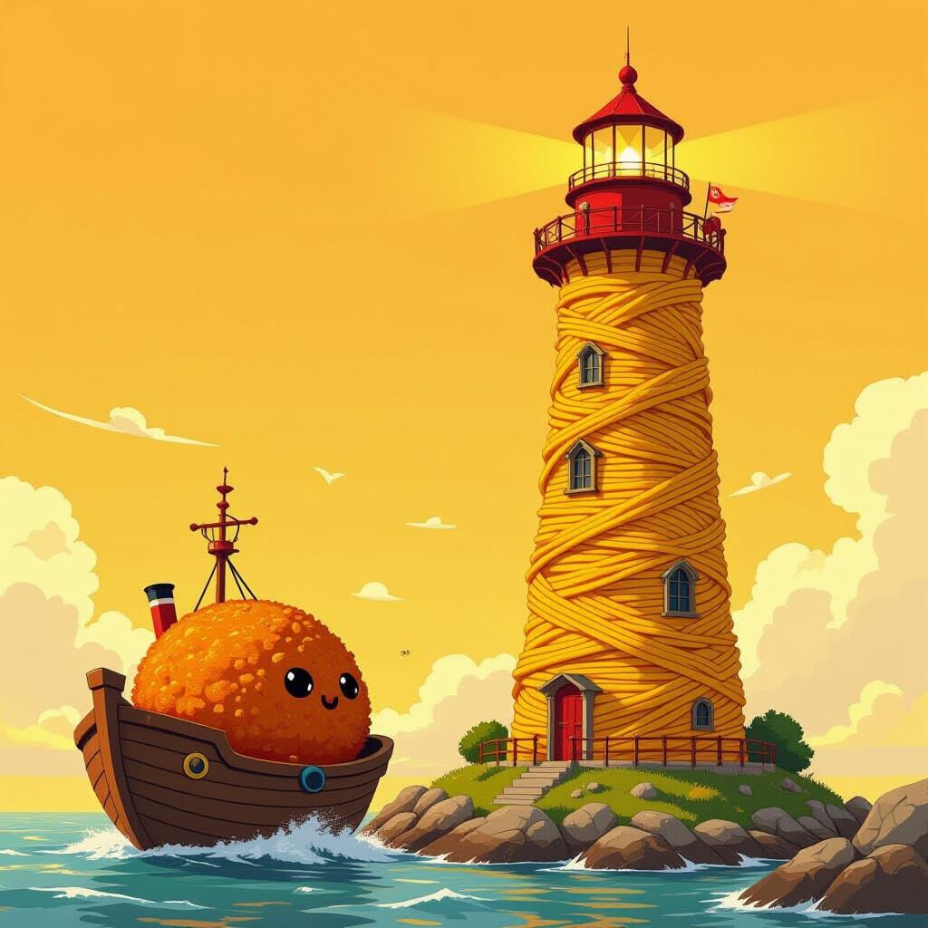 Meatball Ship and Spaghetti Lighthouse, Whimsical Digital Ar...