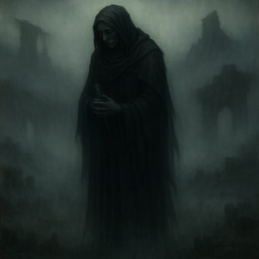 Mourning Figure in Misty Landscape