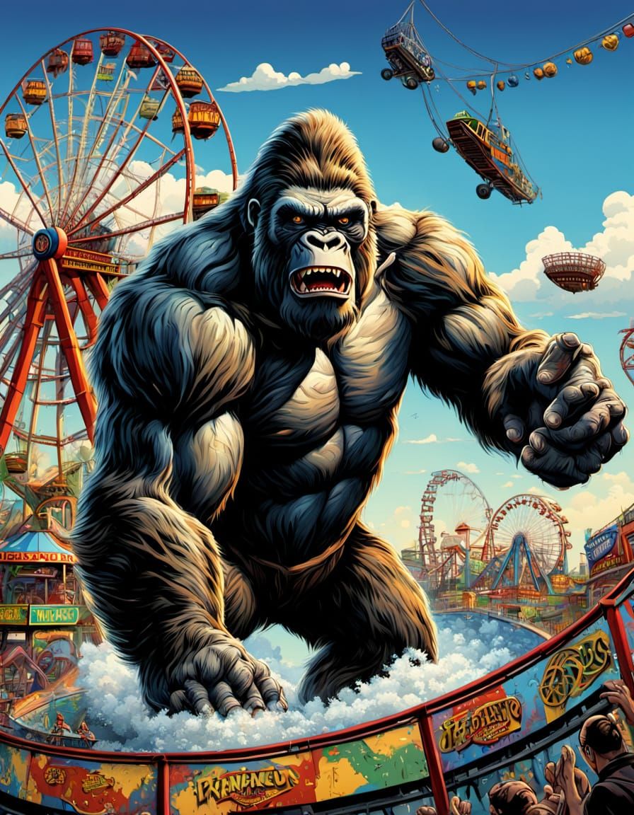 King Kong Rampage at Coney Island in Comic Book Style
