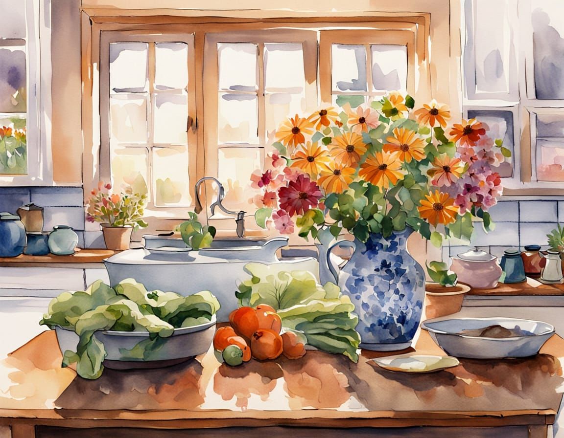 Watercolor Portrait of a Cozy Family Moment in the Kitchen