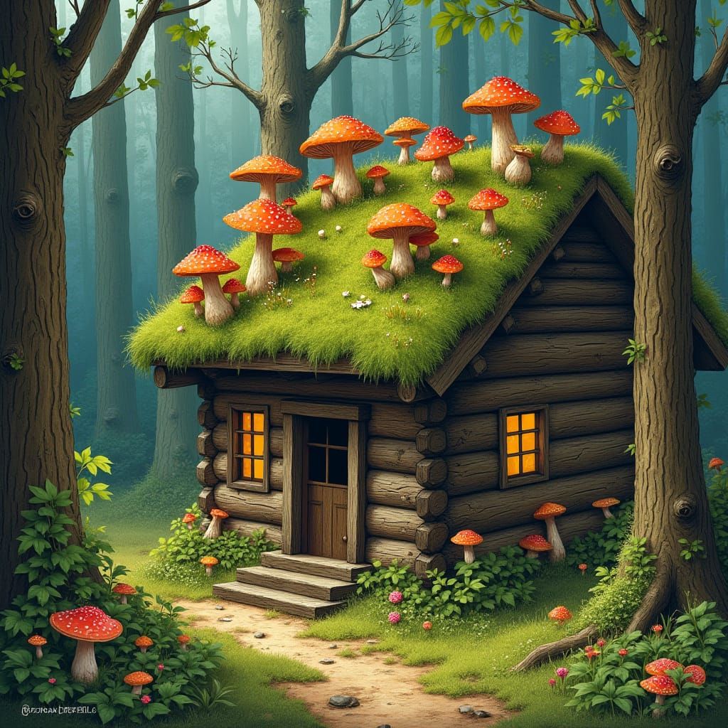 Whimsical Forest Cabin in Gouache Style