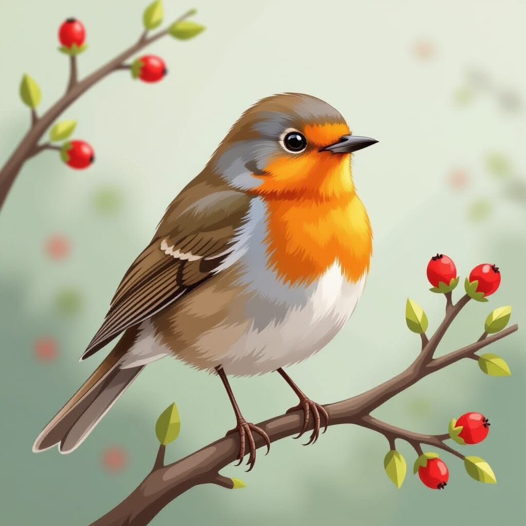 Robin on Branch in Storybook Style