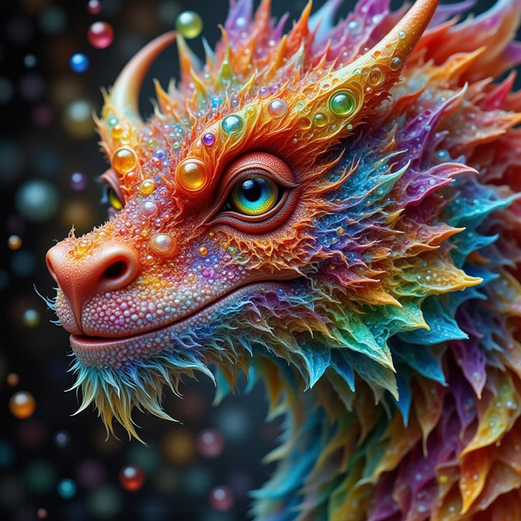 Macro Rainbow Dragon Face with Iridescent Scales