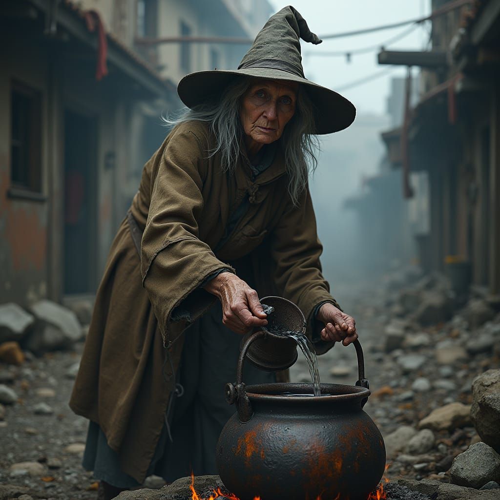 Witch in Wasteland Pouring Water into Cauldron