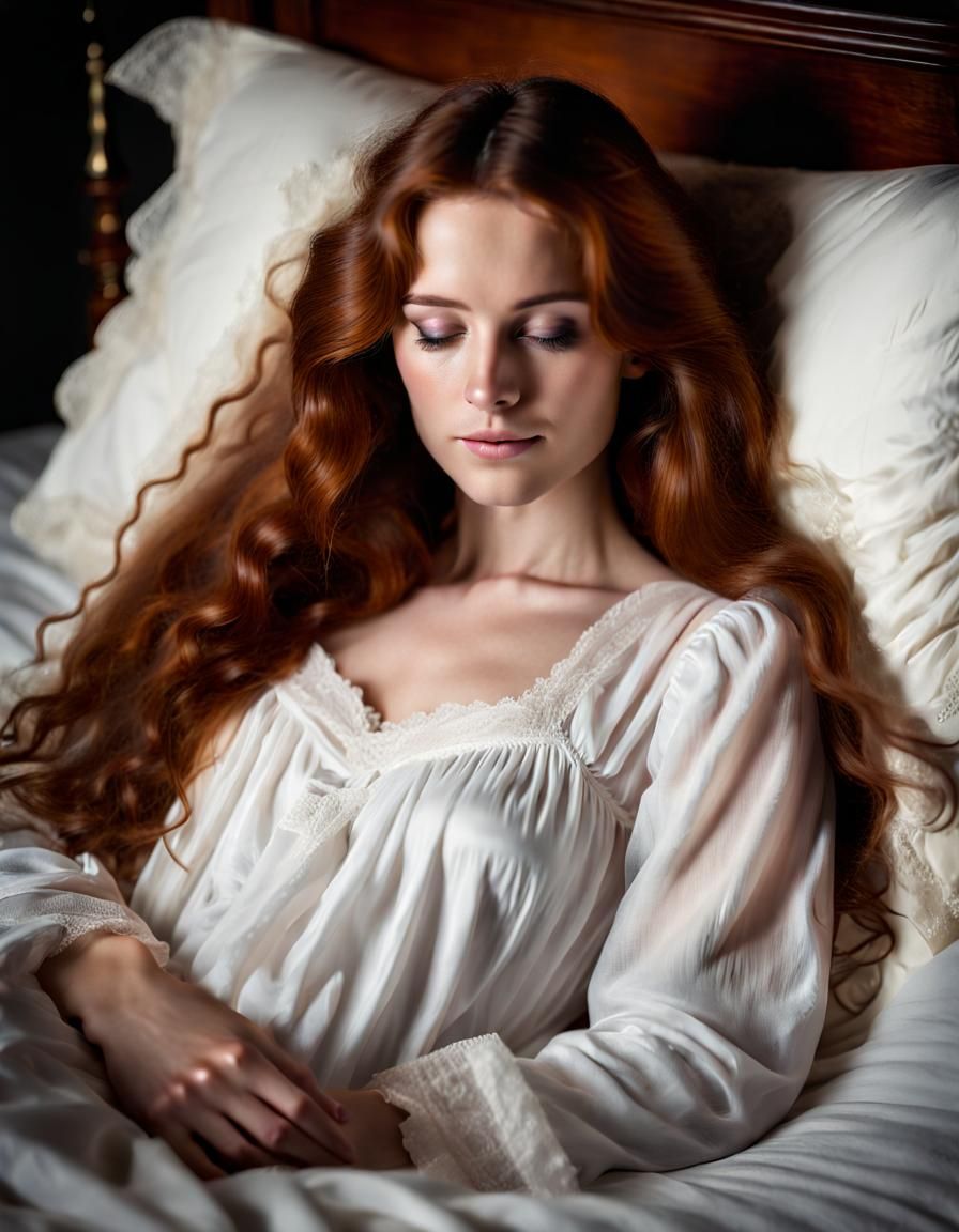 Victorian Woman Sleeping Portrait in White Nightgown