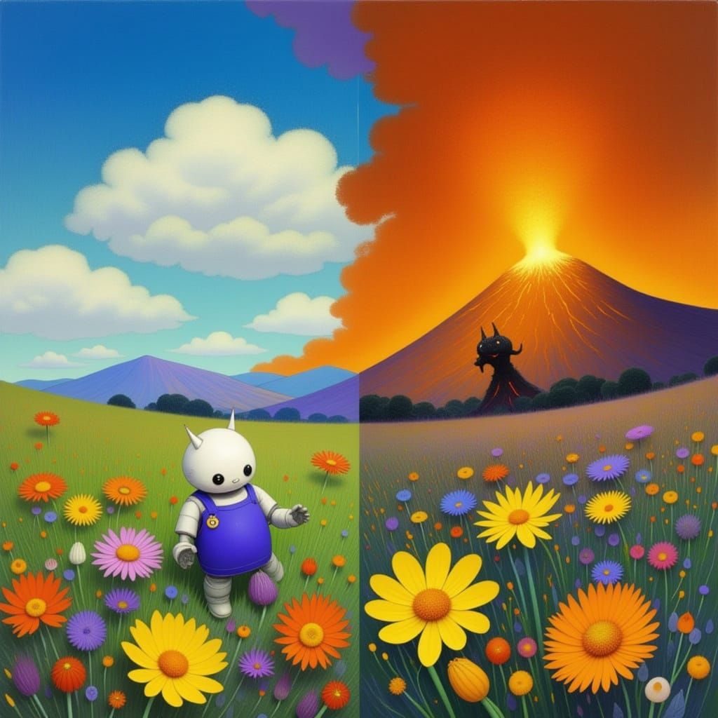 Flower Garden Meets Volcano, in Anime Style