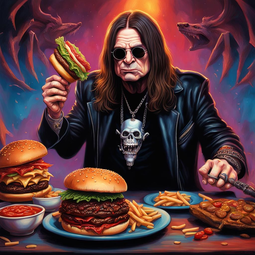 Ozzy Osbourne Eats Bat Burger: Hyperrealistic Art