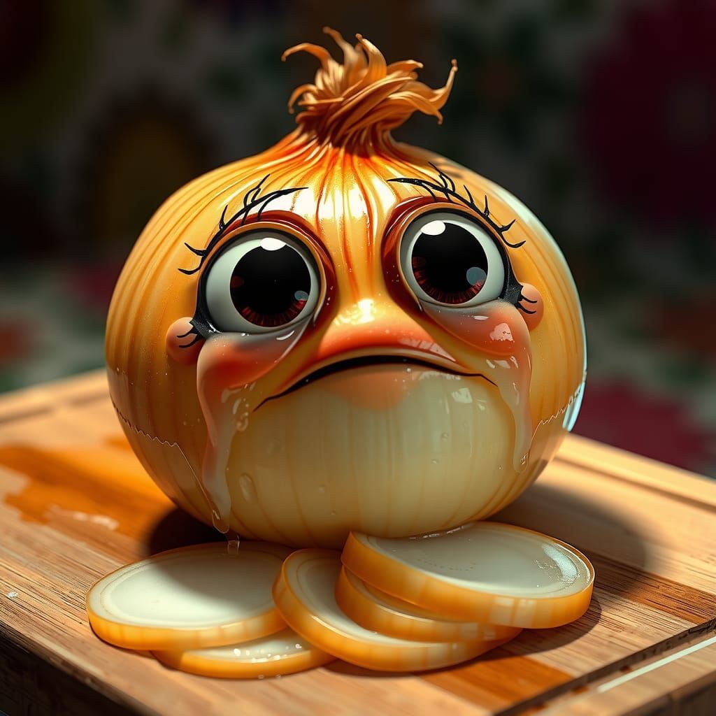 Cute Onion Tears on Cutting Board: Hyperrealistic Art