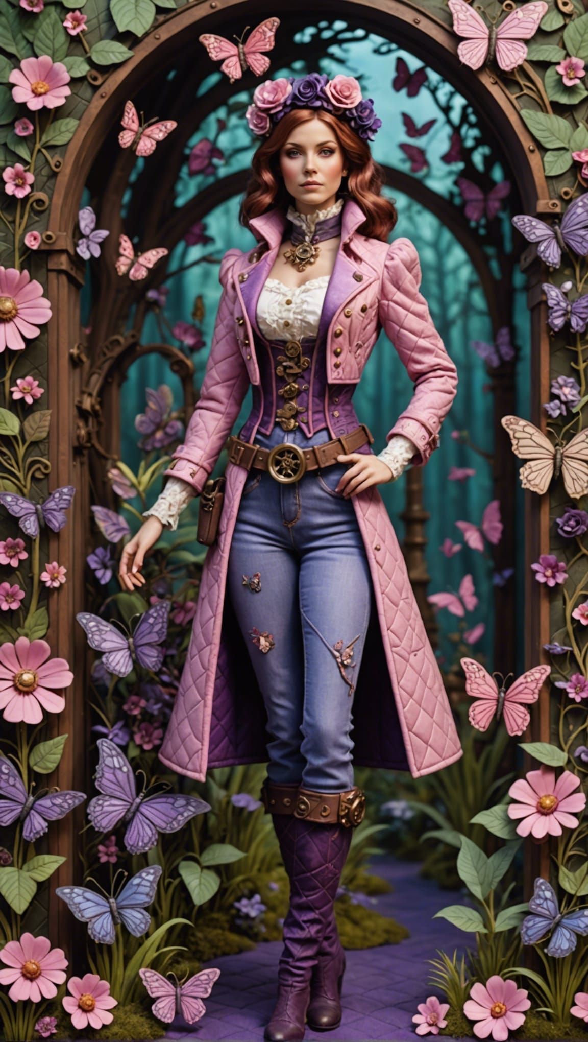 Steampunk Woman in Mechanical Forest: 3D Quilted Scene