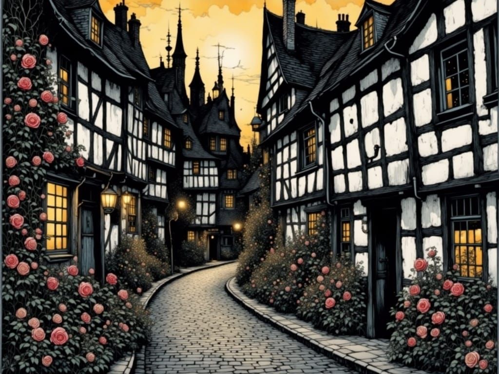 Charming Rose-Lined Alley at Dusk: Entangled Linework