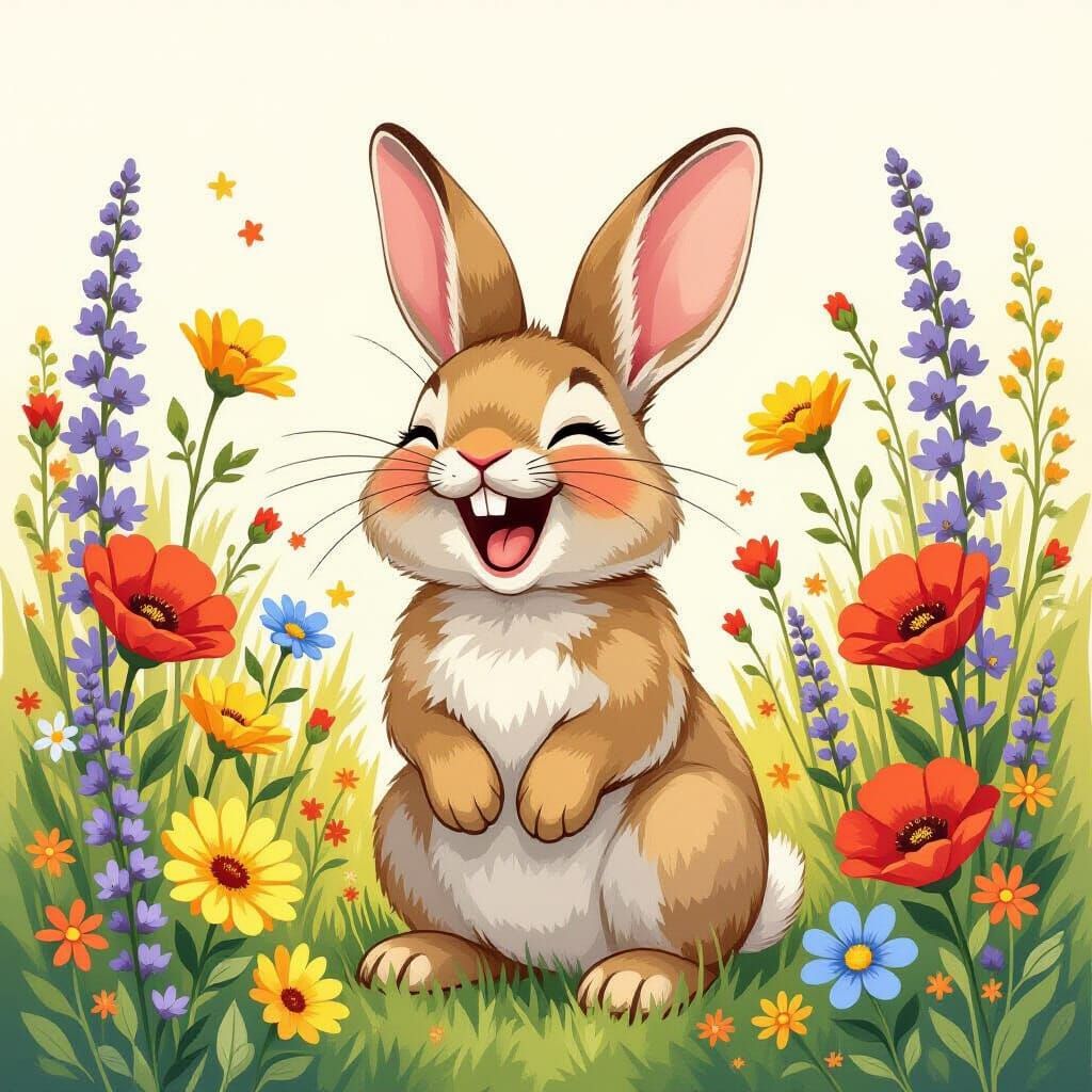 Joyful Bunny with Wildflowers in Whimsical Illustration