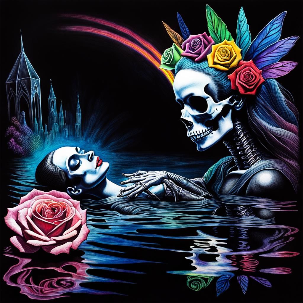 Surreal Crayon Drawing of Goth Woman with Fairy