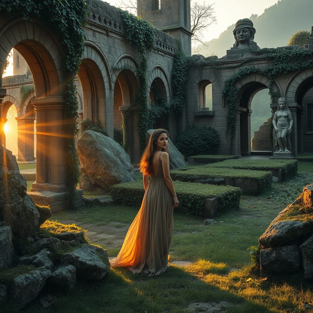 Serene Woman Amidst Ancient Vineyard Ruins