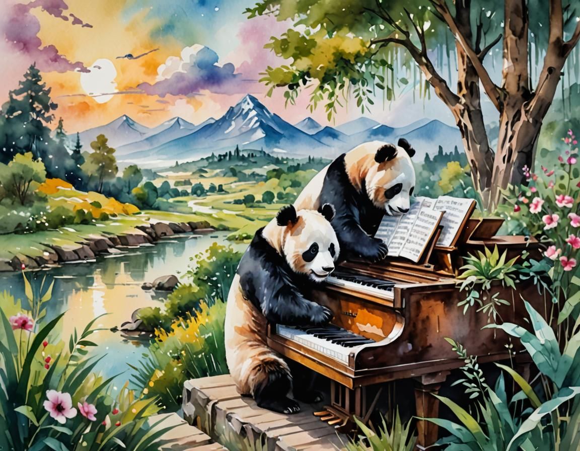 Panda Bears Play Piano in Impressionist Watercolor