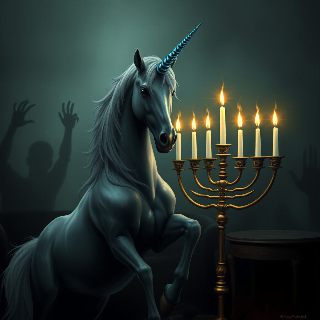 Unicorn beside Menorah in Gothic Dreamscape
