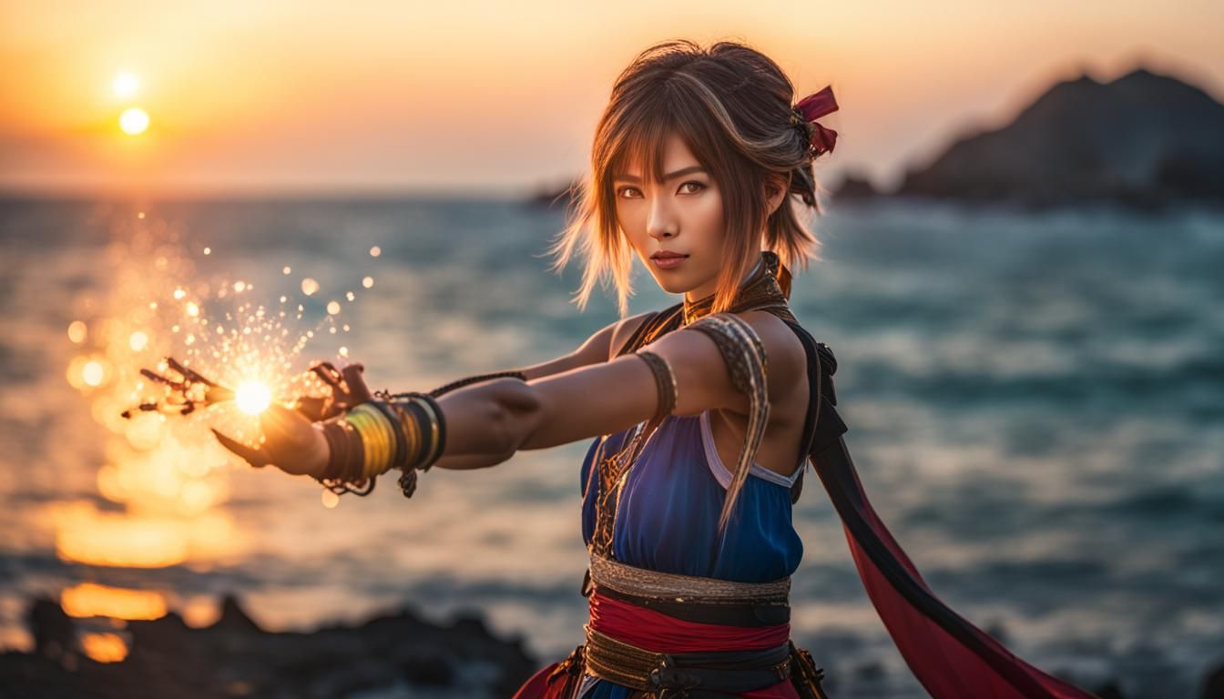 Woman Casting Magic at Sunset on Tropical Island