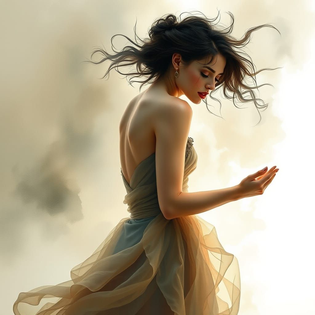 Smoky Woman in Evening Gown, Watercolor Style