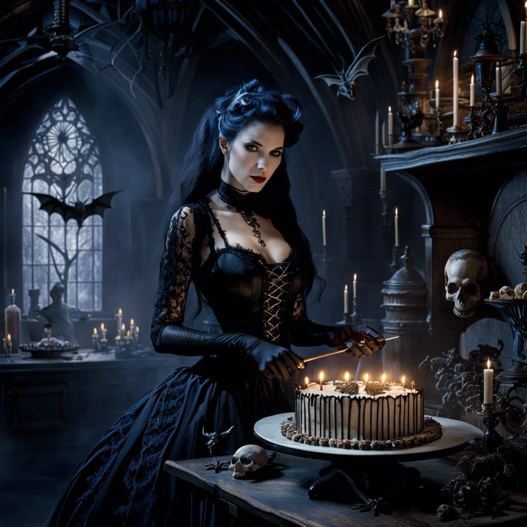 Gothic Woman Bakes Skull Cake in Dark Fantasy Kitchen