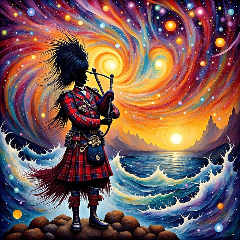 Highland Soldier in Pointillist Alien Landscape