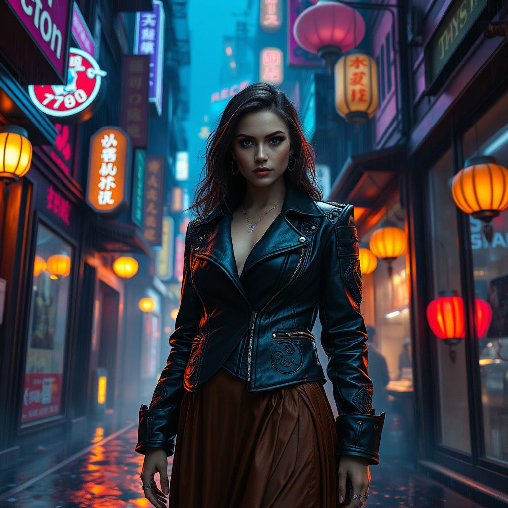 Neon Alleyway Woman in Cyberpunk Style