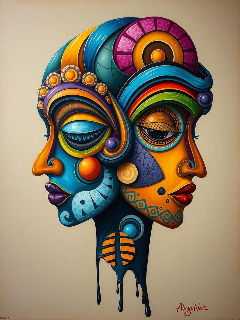 Abstract Tribal Faces in Dreamlike Surrealist Style