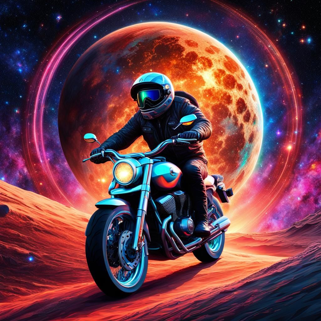 Astral Mastiff Rides Motorcycle Through Space