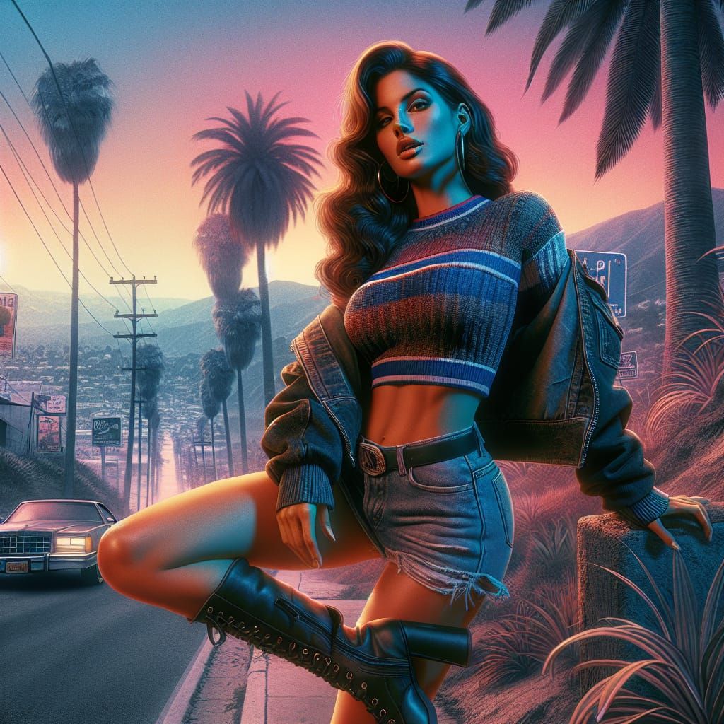 Hispanic Woman in Sunset, Matte Painting Style