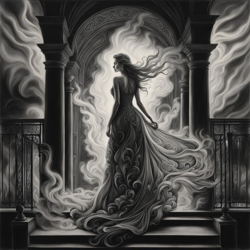 Woman in Smoke Dress Charcoal Drawing