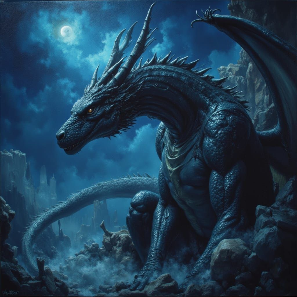 Ominous Dragon in Midnight Aura as Oil Painting