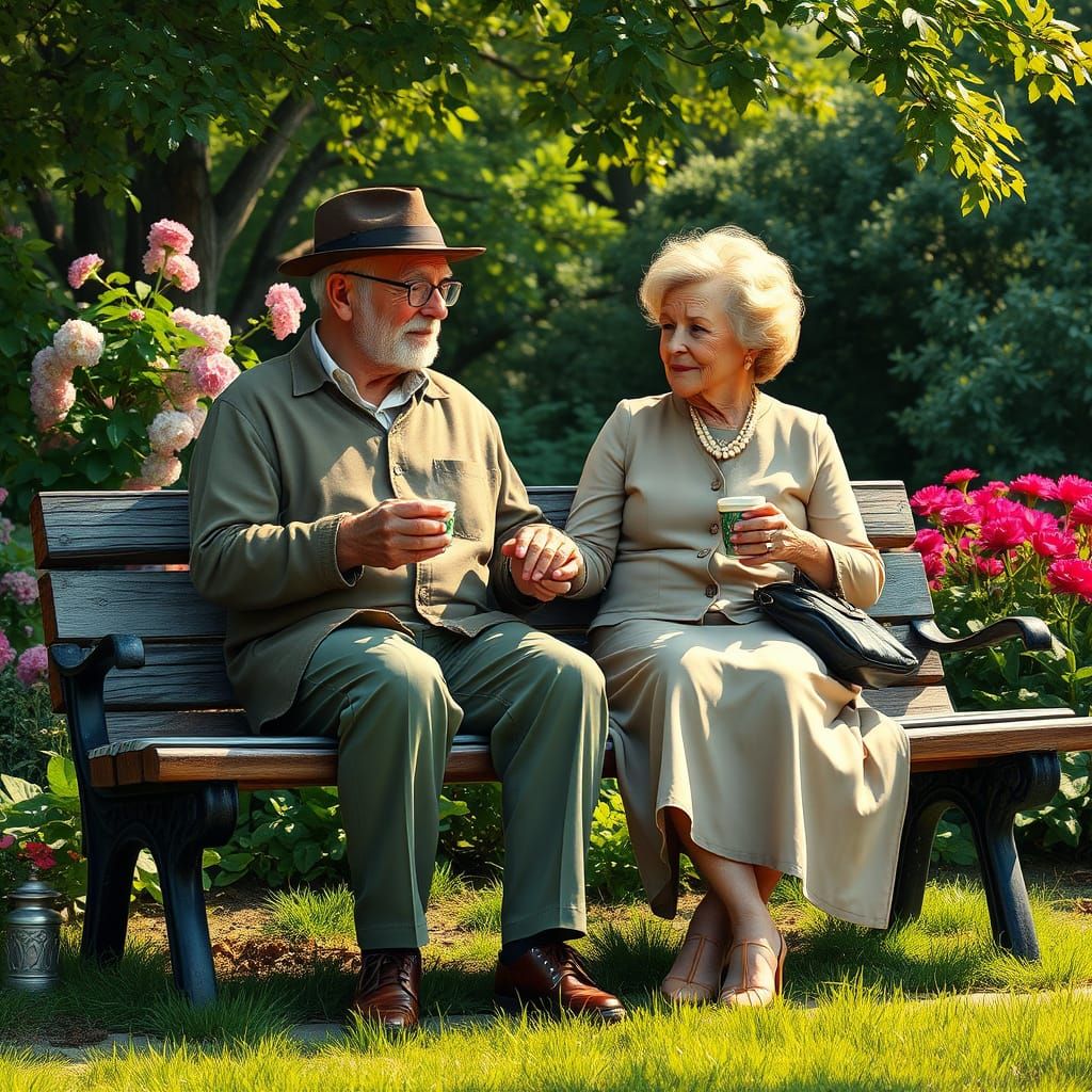 Elegant Elderly Couple Enjoy Morning Coffee in Serene Park S...