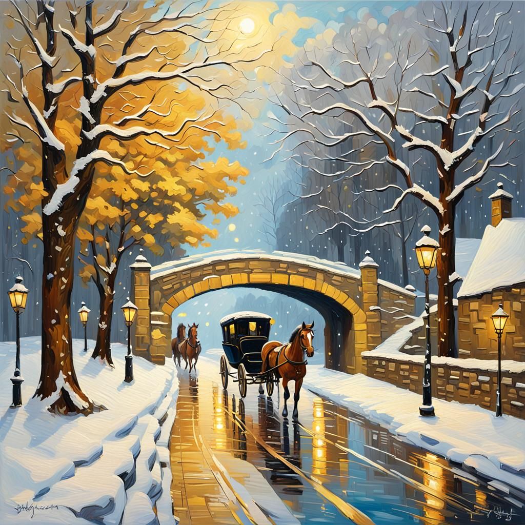 Expressionist Winter Landscape with Horse and Carriage