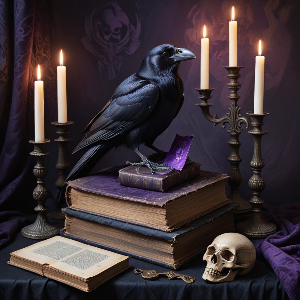 Raven on Skull with Ancient Tome, Oil on Canvas Look