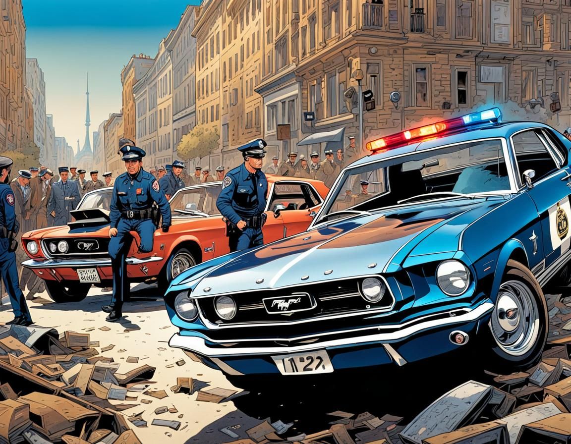 Ford Mustang Crashes Into Cop Car: Comic Book Style