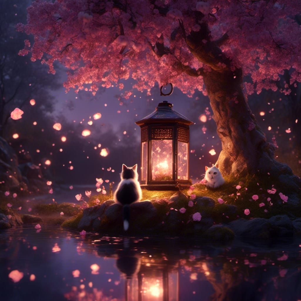 Fairies and Lanterns at Dusk with Cherry Blossoms