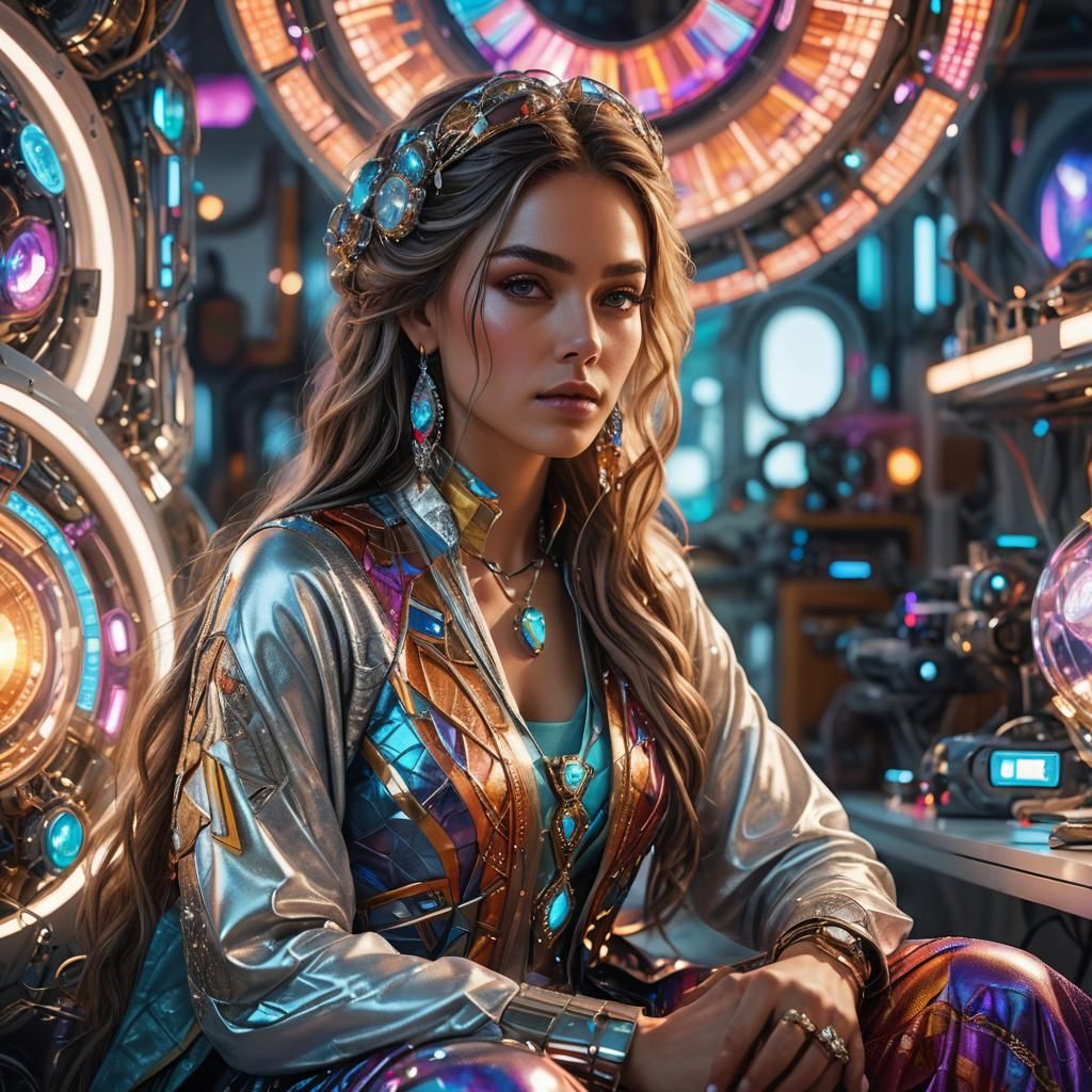 Beautiful Woman in Futuristic Room: Hyperrealistic Portrait
