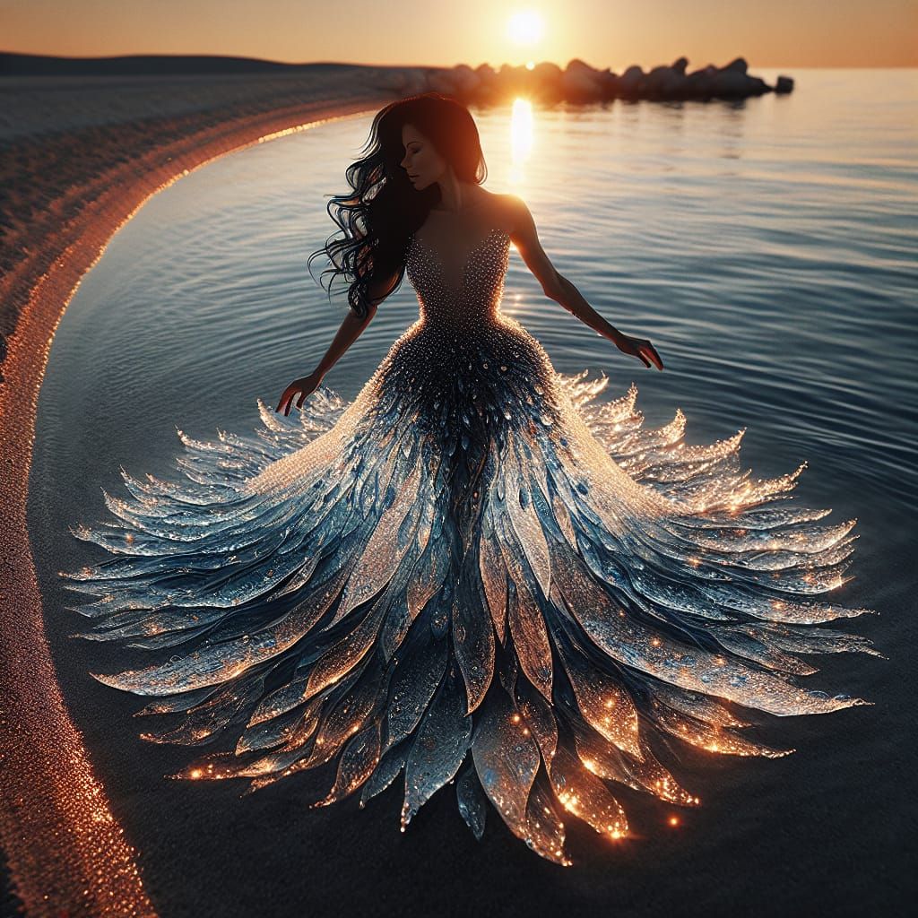 Woman in Ethereal Waterdress by Sunset