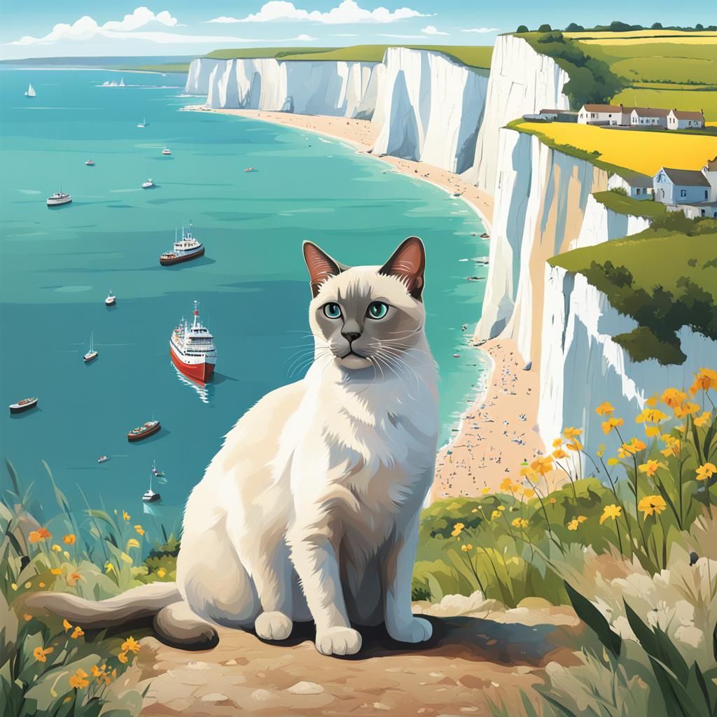 Siamese Cat at White Cliffs of Dover: Hyperrealistic Art