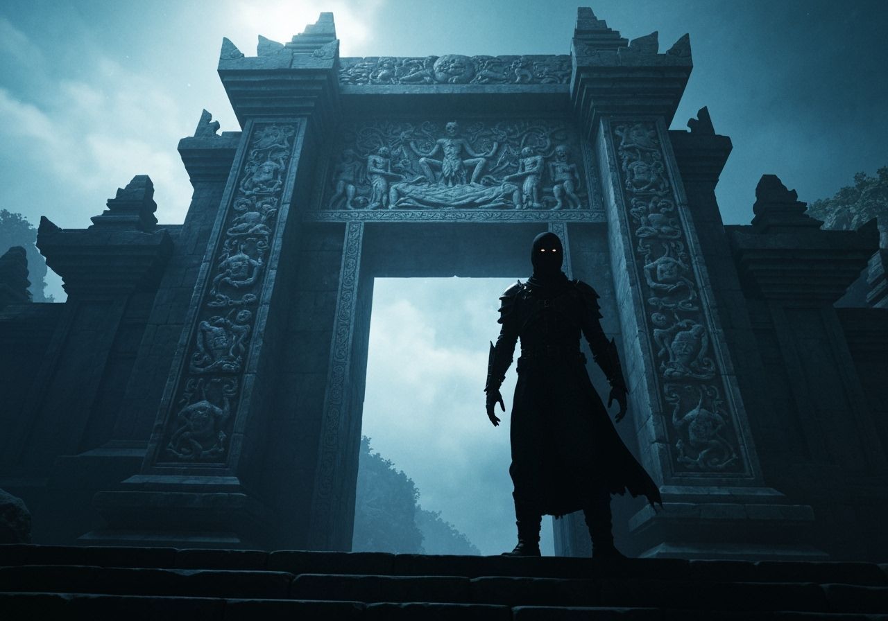 Shadow Sentinel at Stone Gateway in Moonlight