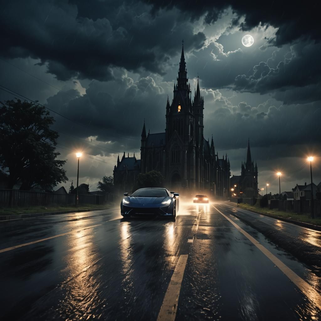 Sleek Supercar Speeds Through Dark Gothic Storm
