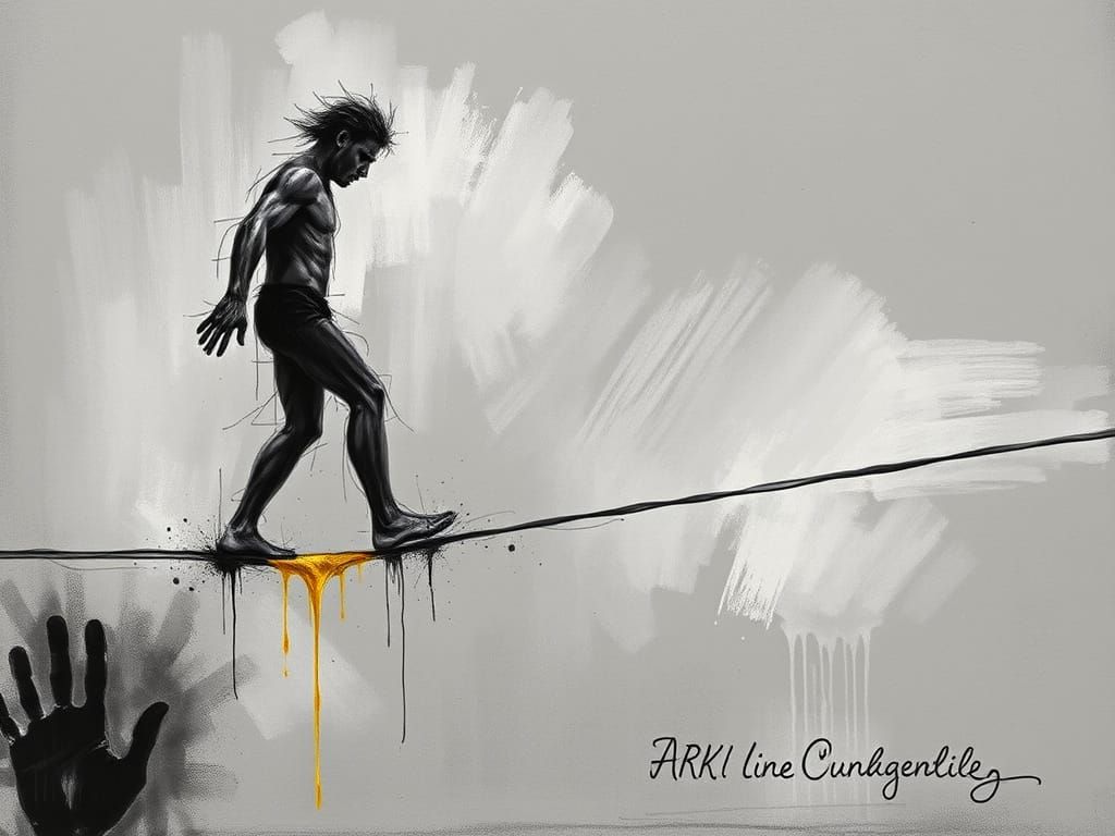 Charcoal Tightrope Walker with Gold Pastel Accent