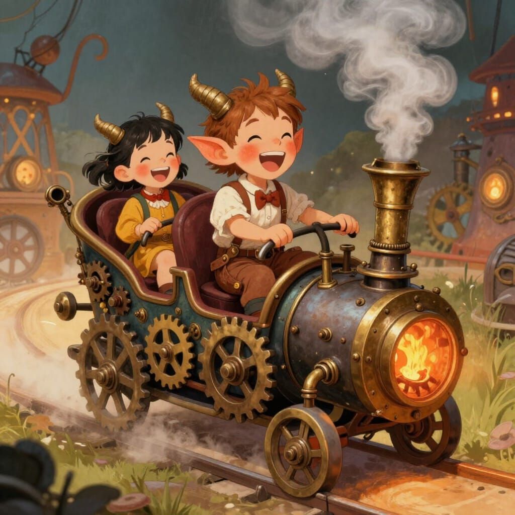 Whimsical Steampunk Demon Ride with Joyful Children