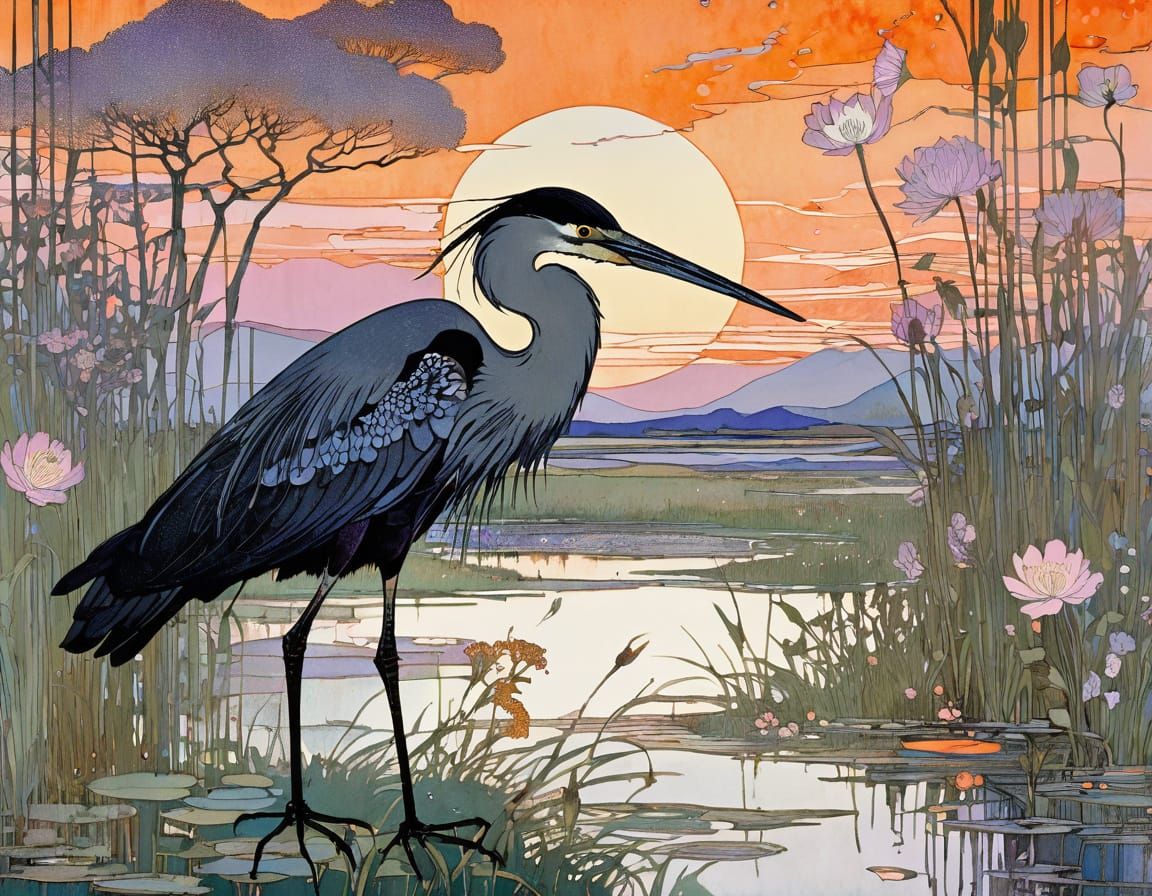 Ethereal Heron in Vibrant Floral Landscape, in Art Nouveau a...