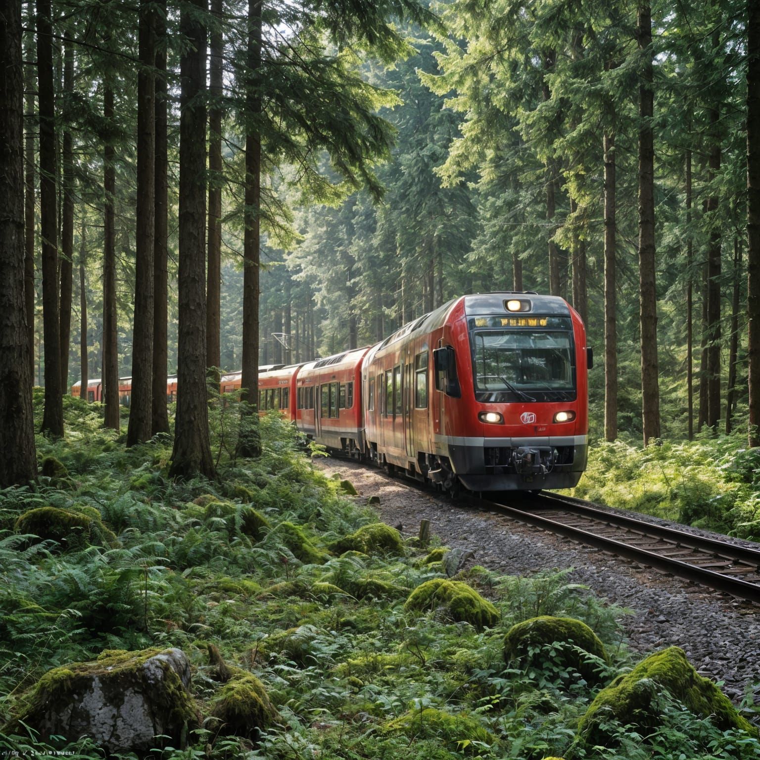 Swiss Electric Train in Dense Forest, Magazine Style
