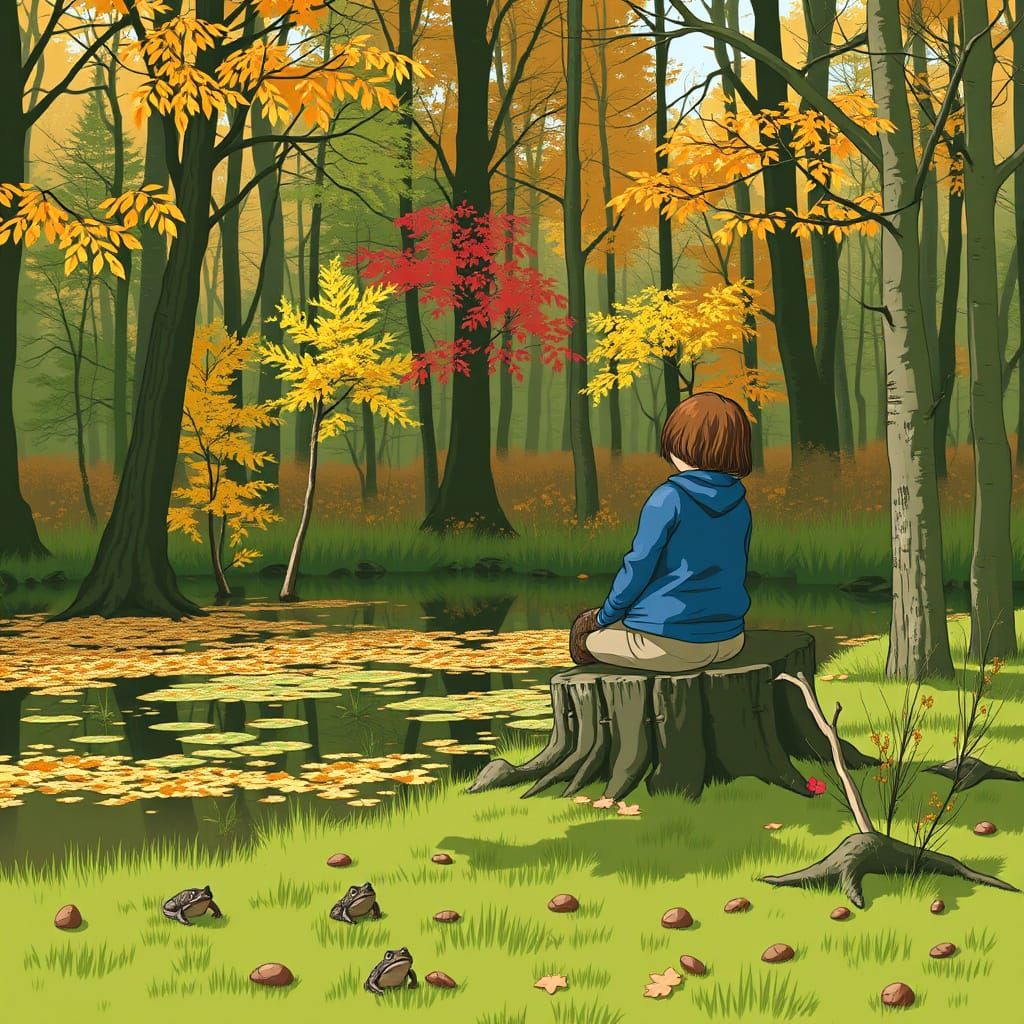 Autumn Forest Pond Scene with Wildlife