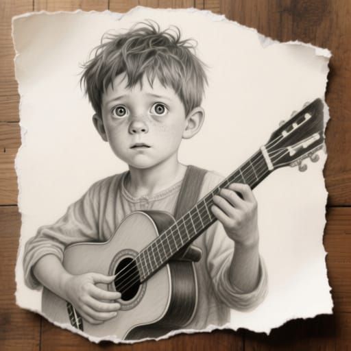 Hyperrealistic Pencil Drawing of Hopeful Boy Playing Guitar